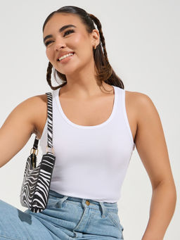 Styli - White Solid Cotton Fitted Tank Top