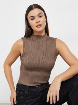 Styli - Brown Self Design Polyester Fitted Top