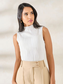 Styli - Cream Self Design Polyester Fitted Top