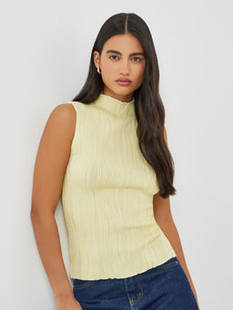 Styli - Yellow Self Design Polyester Fitted Top