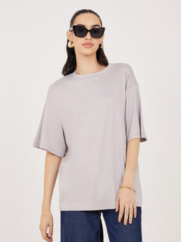 Styli - Grey Solid Polyester Oversized T-Shirt