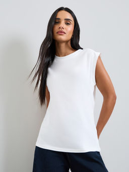 Styli - White Solid Polyester Regular T-Shirt