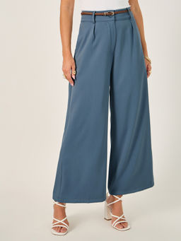 Styli - Blue Solid Polyester Wide Trouser