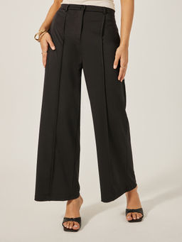 Styli - Black Solid Woven Wide Trouser