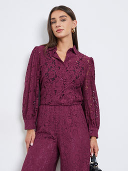 Styli - Burgundy Floral Polyester Oversized Top