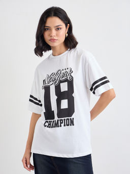 Styli - White Typography Cotton Oversized T-Shirt