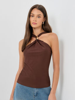 Styli - Brown Solid Polyester Fitted Top
