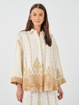Styli - Off White Floral Polyester Oversized Shirt