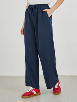 Styli - Blue Solid Woven Relaxed Trouser