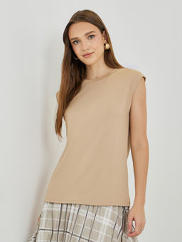 Styli - Beige Solid Polyester Regular T-Shirt