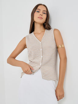 Styli - Beige Stripes Cotton Regular Top