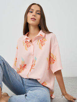 Styli - Pink Floral Polyester Oversized Shirt