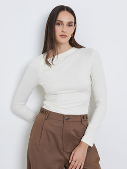Styli - Cream Solid Polyester Fitted Top