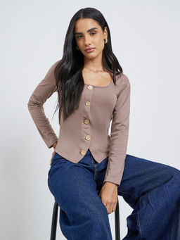 Styli - Taupe Solid Polyester Regular Top