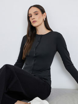 Styli - Black Solid Polyester Fitted Top