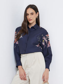 Styli - Navy Blue Floral Polyester Regular Shirt