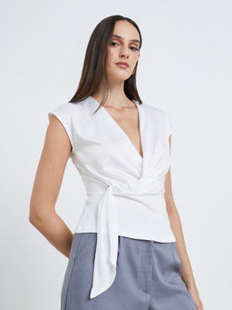 Styli - White Solid Polyester Fitted Top