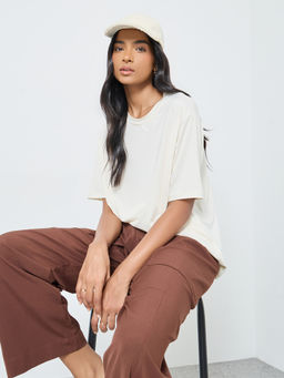 Styli - Cream Solid Polyester Oversized T-Shirt