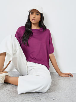 Styli - Purple Solid Polyester Oversized T-Shirt