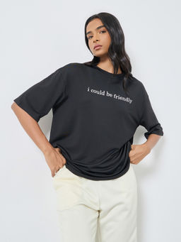 Styli - Black Typography Polyester Oversized T-Shirt
