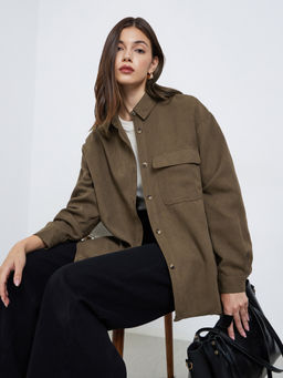 Styli - Brown Solid Polyester Regular Shirt