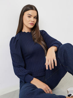 Styli - Navy Blue Self Design Polyester Regular Top