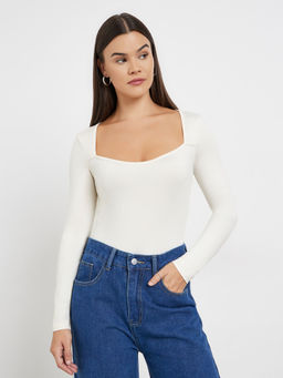 Styli - Cream Solid Polyester Fitted Bodysuit