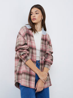 Styli - Pink Checks Polycotton Oversized Shirt
