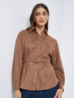 Styli - Brown Solid Polyester Relaxed Shirt, Belt