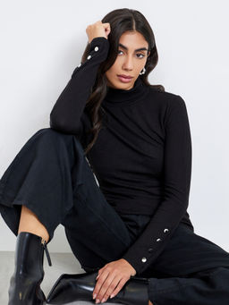 Styli - Black Solid Polyester Fitted Top