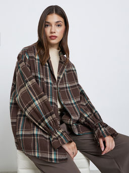 Styli - Brown Checks Polyester Regular Shirt