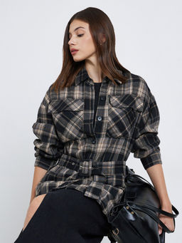 Styli - Black Checks Polyester Regular Shirt, Belt