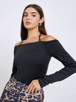 Styli - Black Solid Polyester Fitted Bodysuit