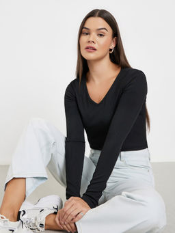 Styli - Black Solid Polyester Regular Top