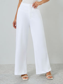 Styli - Cream Solid Woven Wide Trouser