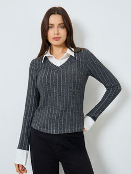 Styli - Charcoal Self Design Polyester Regular Top