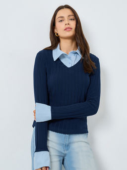 Styli - Navy Blue Self Design Polyester Regular Top