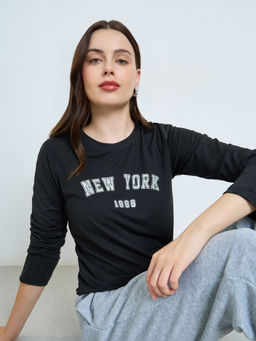 Styli - Black Typography Polyester Regular T-Shirt