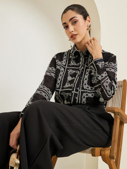 Styli - Black Embroidered Polyester Regular Shirt