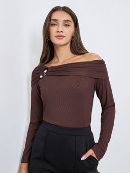 Styli - Brown Solid Polyester Slim Top