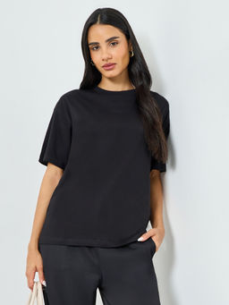 Styli - Black Solid Cotton Oversized T-Shirt