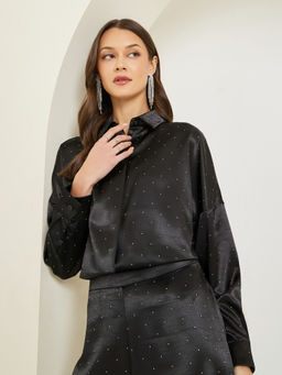 Styli - Black Embellished Polyester Regular Shirt