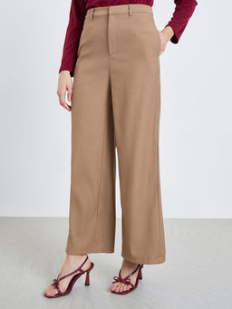 Styli - Beige Solid Woven Wide Trouser