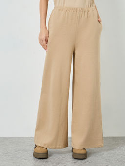 Styli - Cream Solid Fleece Wide Trackpant
