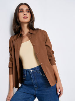 Styli - Brown Solid Polyester Oversized Shirt