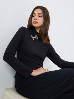 Styli - Black Solid Polyester Regular Top