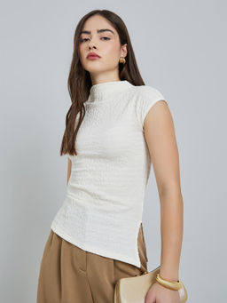 Styli - Beige Textured Polyester Regular Top