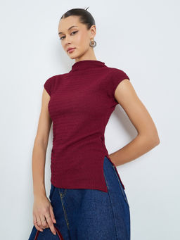 Styli - Burgundy Textured Polyester Regular Top