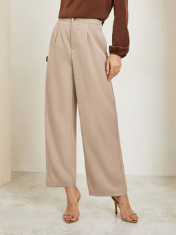 Styli - Cream Solid Woven Wide Trouser
