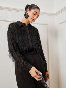 Styli - Black Self Design Polyester Regular Shirt